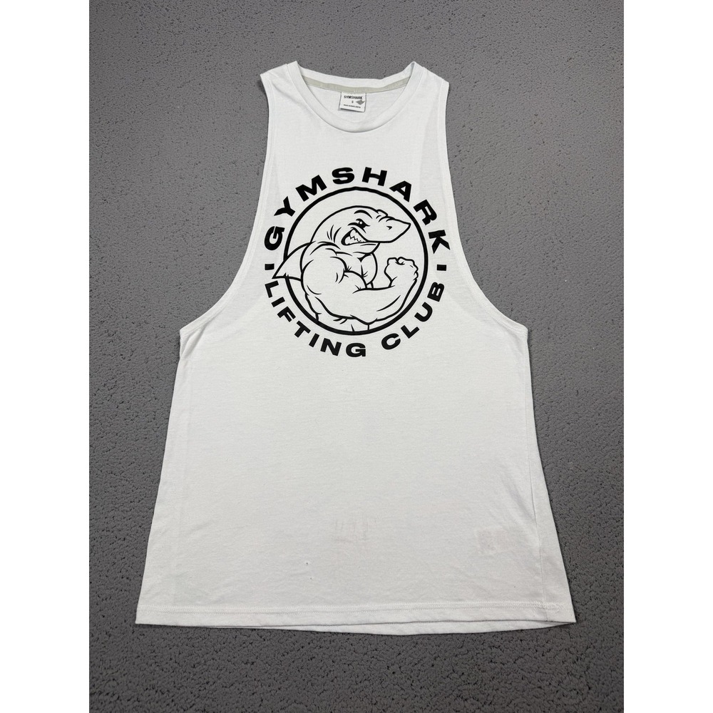 Gymshark Tank Top Mens Small White Sleeveless Lifting Club Shark Gym Workout